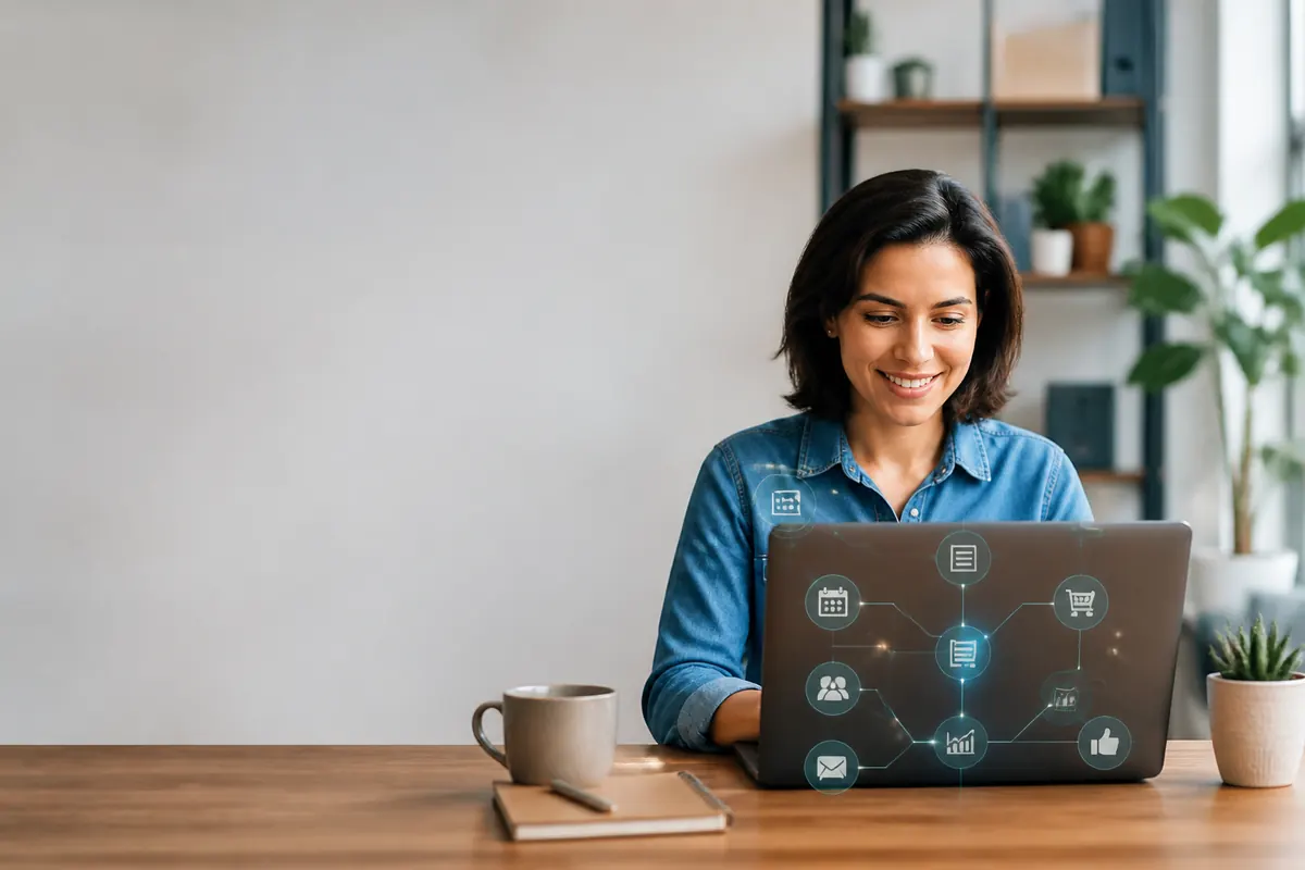 Empresaria PyME usando una laptop con herramientas de automatización comercial