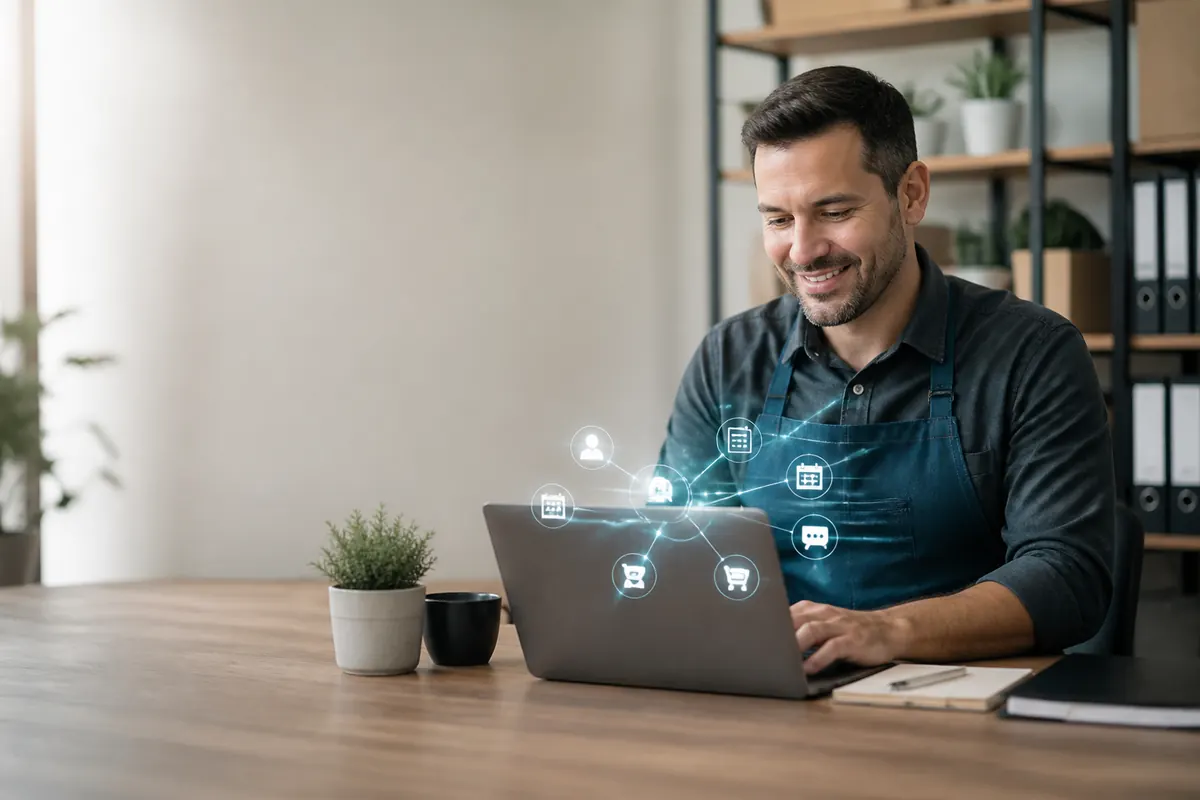 Dueño de PyME gestionando su negocio desde una laptop con herramientas digitales